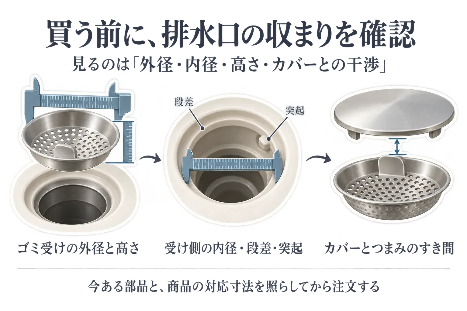 浴室排水口ゴミ受けの適合確認として、浴室メーカー・シリーズ名・品番または管理ナンバーを確認し、現在のヘアキャッチャーの外径・高さ・深さ、受け側の内径・段差・突起、封水筒と目皿やカバーとの干渉を照合する図