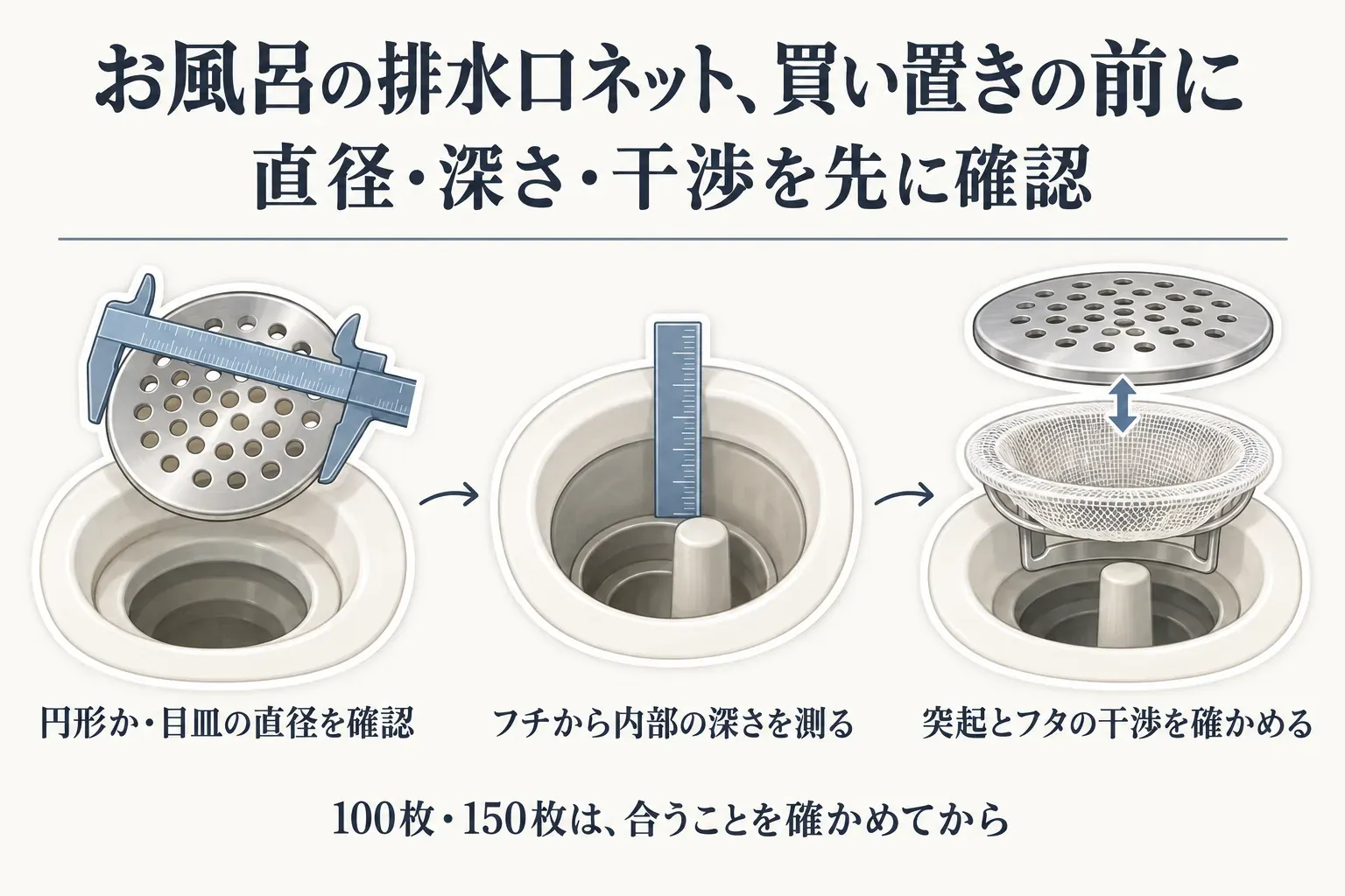お風呂の排水口ネットを買い置きする前に、円形の目皿の直径、排水口のフチから内部までの深さ、中央の突起や上ぶたとの干渉を確認し、適合を確かめてから100枚・150枚を選ぶ流れを示す図