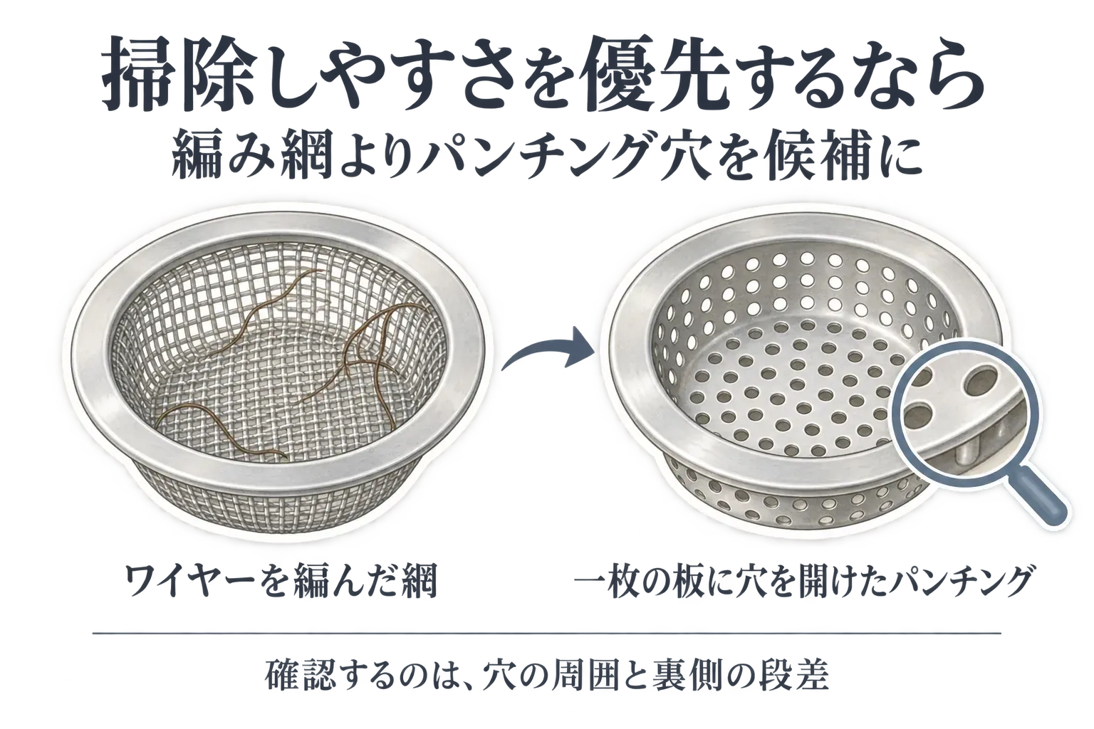 編み網はワイヤーの交差部に髪や汚れが残りやすく、パンチング穴は表面の凹凸が少ないため洗いやすさを確認しやすいこと、どちらも穴の裏側・継ぎ目・縁の段差を確認する比較図