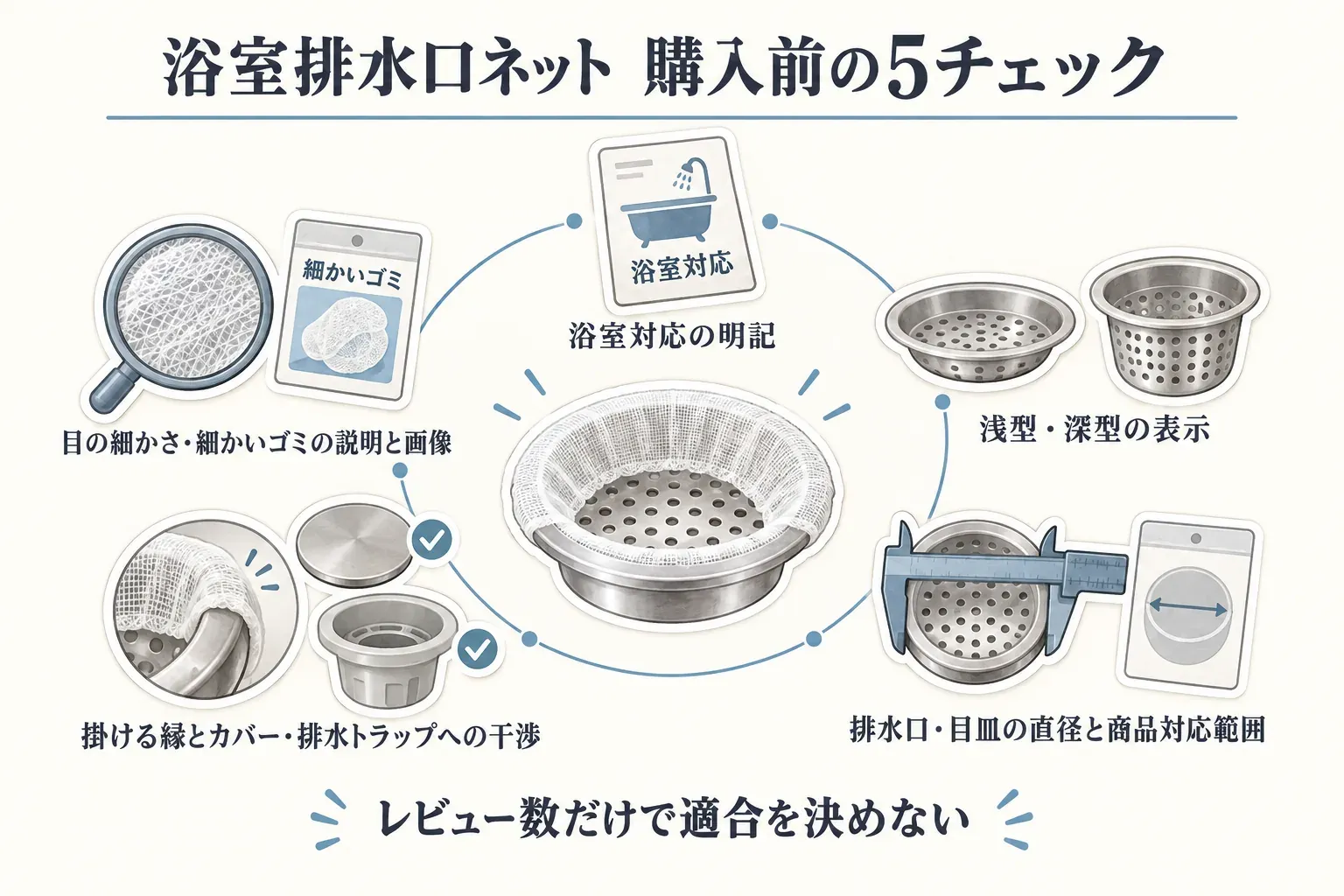 浴室排水口ネットの購入前に、目の細かさと細かいゴミについての商品説明・画像、浴室対応の明記、浅型・深型の表示、ネットを掛ける縁とカバー・排水トラップへの干渉、排水口・目皿の直径と商品の対応範囲を確認し、レビュー数だけで適合を決めないことを示す図