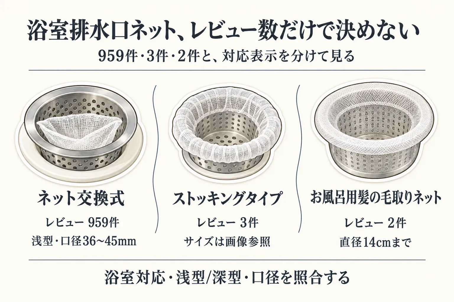 楽天の商品JSONに記載された浴室対応排水口ネット3商品のレビュー数比較図。TOKAIZ THG-HC05ネット交換式は959件、ストッキングタイプ排水口ネットは3件、お風呂用髪の毛取りネットは2件で、レビュー数と浴室への適合確認は別に行うことを示す