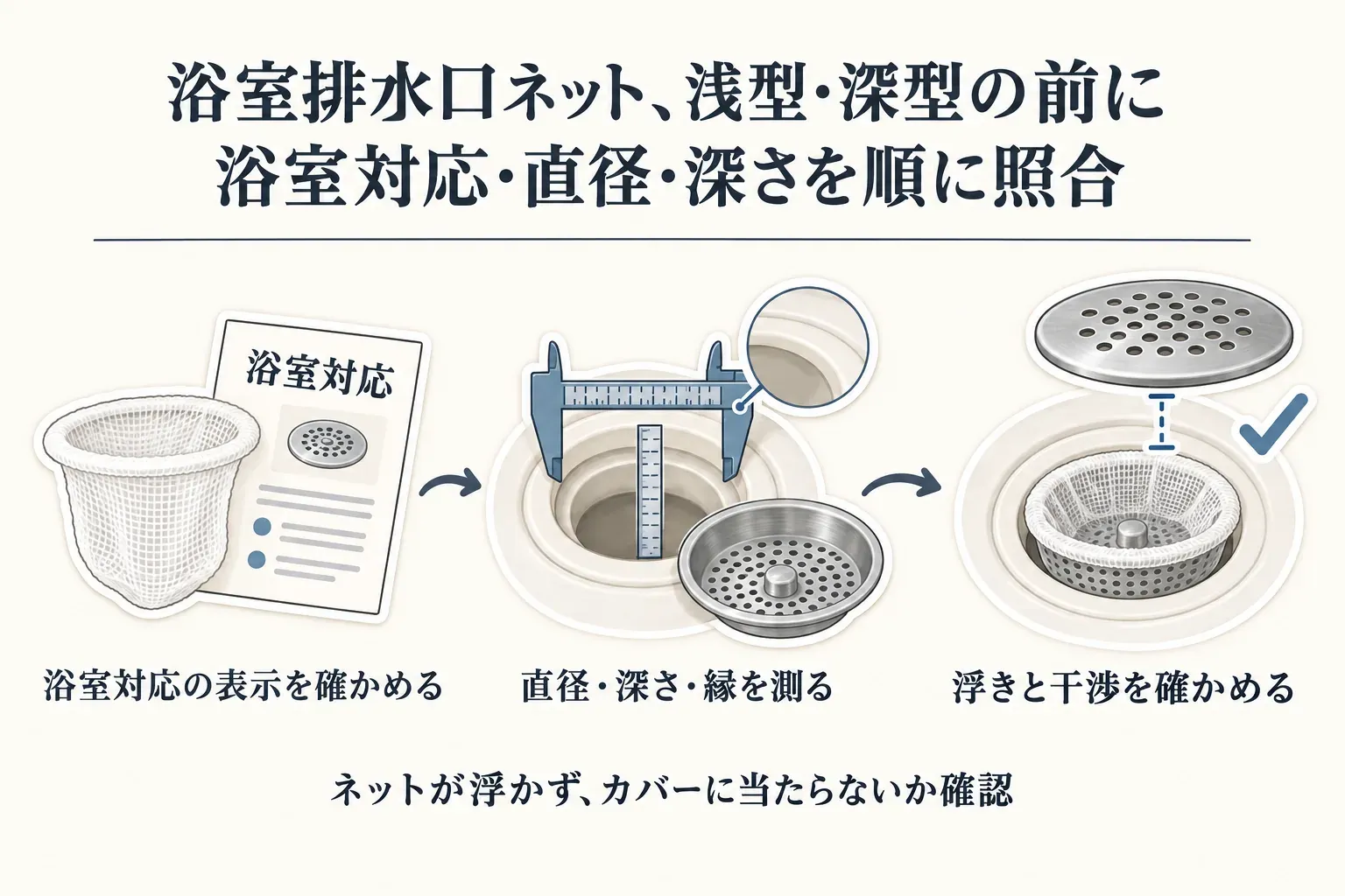 浴室排水口ネットを選ぶ前に、浴室対応の明記、浅型・深型の表示、排水口と目皿の直径、ネットを掛ける縁、カバーや排水トラップとの干渉、目の細かさを確認するチェック項目の図