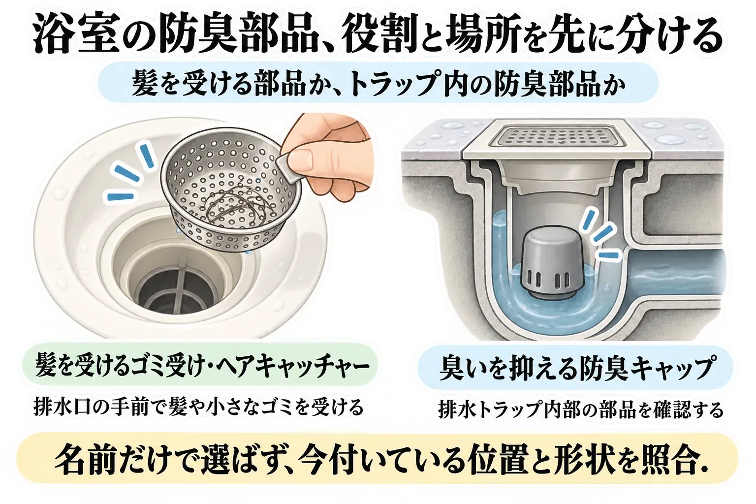 浴室排水口の手前で髪や小さなゴミを受けるゴミ受け・ヘアキャッチャーと、排水トラップ内部で臭いを抑える防臭キャップの役割と位置の違いを示し、名称だけでなく現在付いている位置と形状を照合するよう案内する図