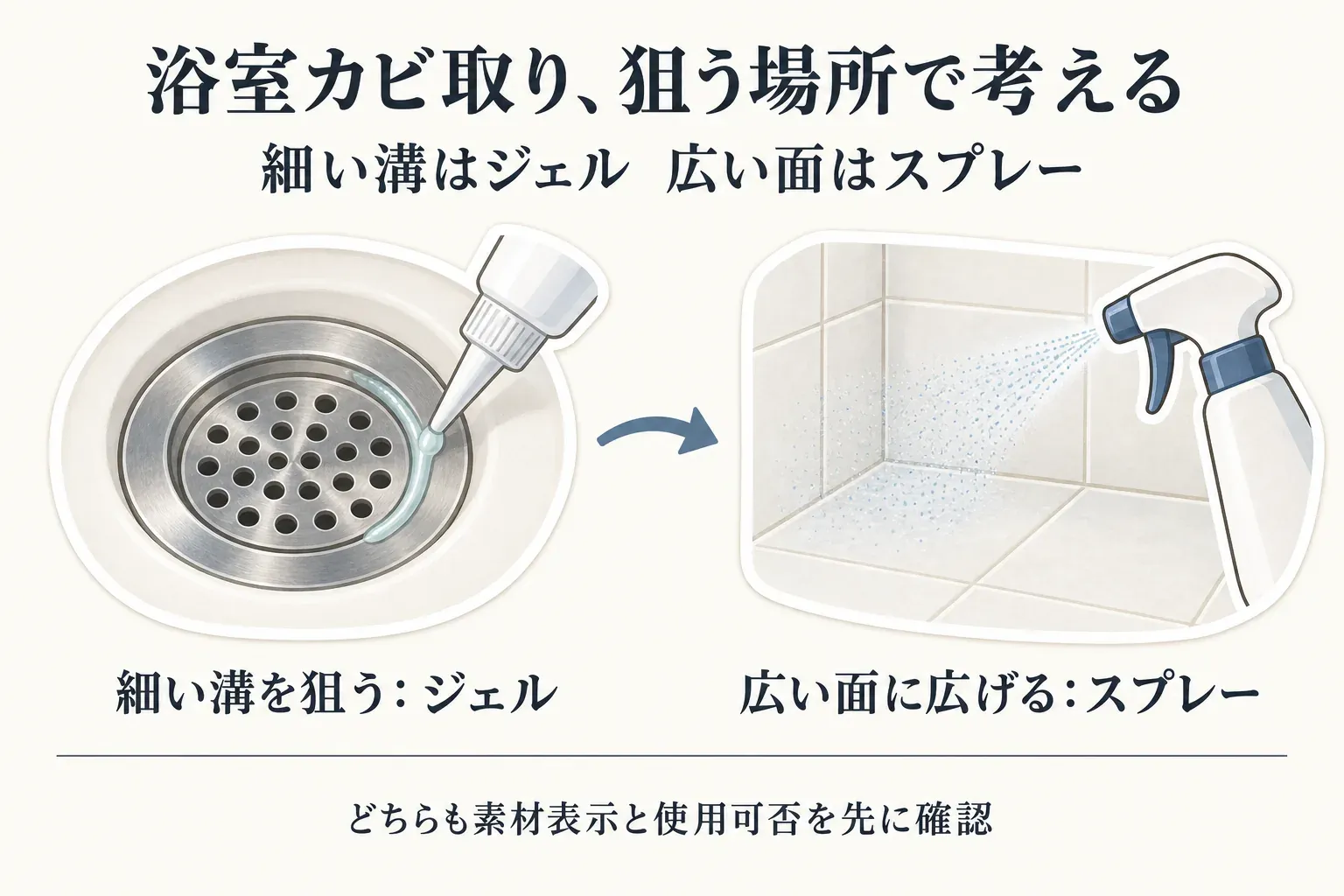排水口のふた・目皿の細い溝や点在する黒ずみには狙った場所へ置きやすいジェル、排水口まわりや浴室の広い範囲にはスプレーを検討し、どちらも金属・樹脂・ゴムなど部品の素材表示と使用可否を確認する選び方の図