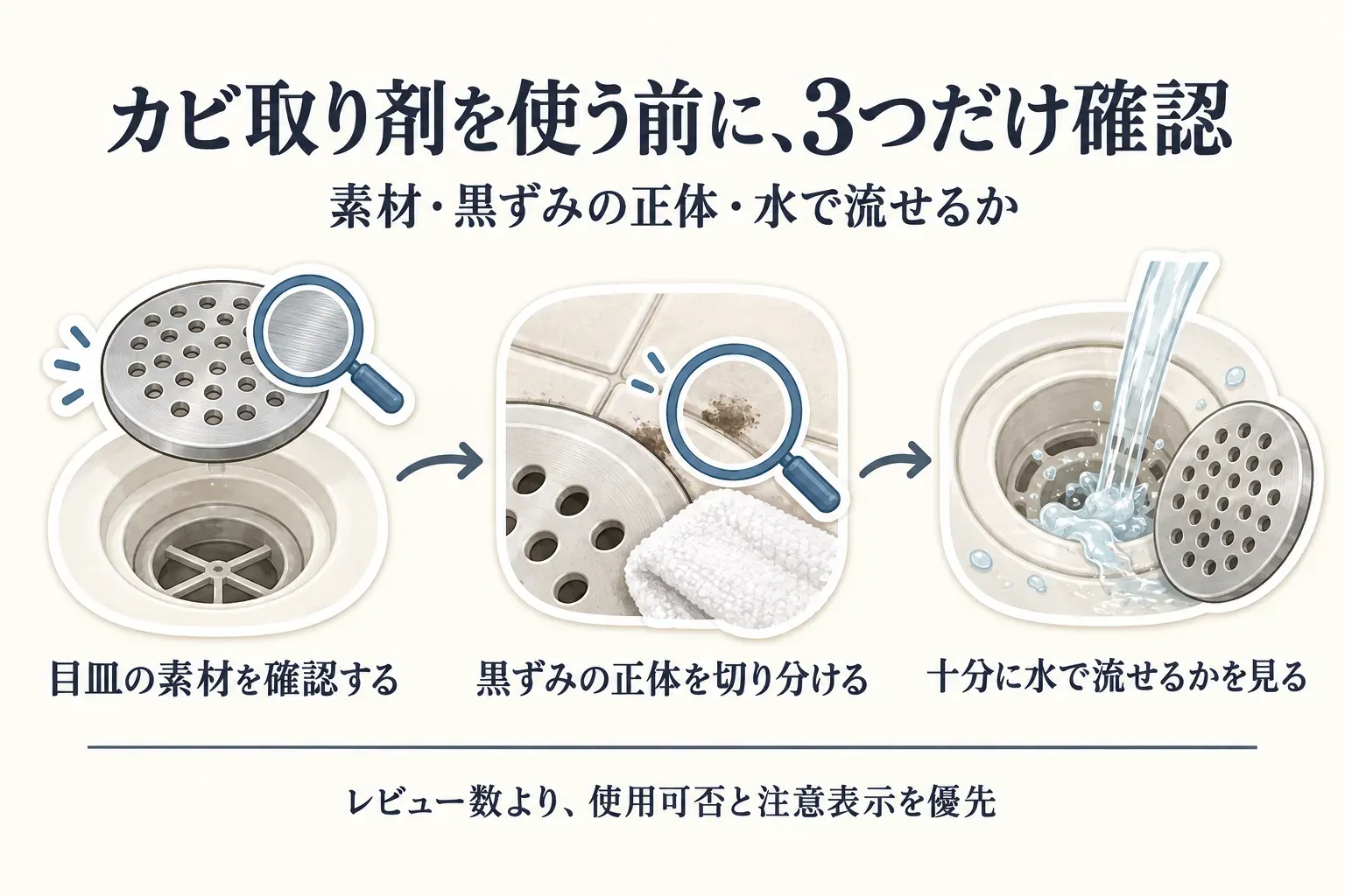 排水口のふた・目皿にカビ取り剤を使う前に、金属・樹脂・ゴムなどの素材、黒ずみがカビか石けんカスや水アカか、使用後に薬剤を十分な水で洗い流せるかの3点を確認する図