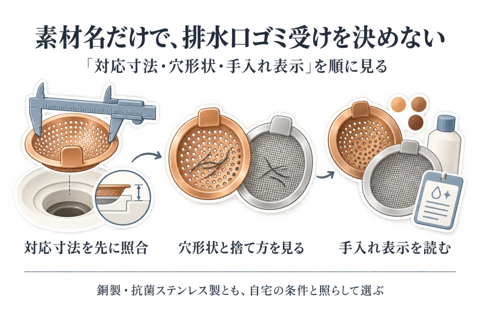 銅製・抗菌ステンレス製の浴室排水口ゴミ受けを選ぶ順番として、最初に対応寸法を測って照合し、次にパンチング穴・網・髪の捨て方を比べ、最後に銅の変色や洗剤などの手入れ表示を確認する流れを示す図