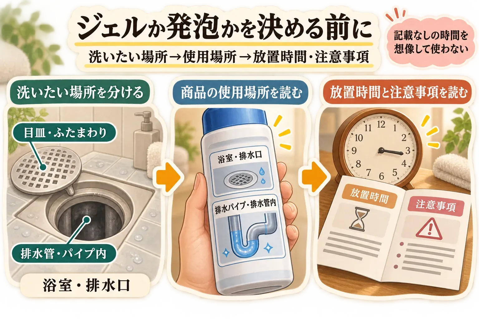 排水口洗浄剤を選ぶ際に、先に目皿・ふた・受け皿か排水管の奥かを決め、次に商品表示の使用場所を確認し、放置時間、成分・素材への注意、換気・保護具・併用禁止、使用後に流す水量の順で確認する手順図