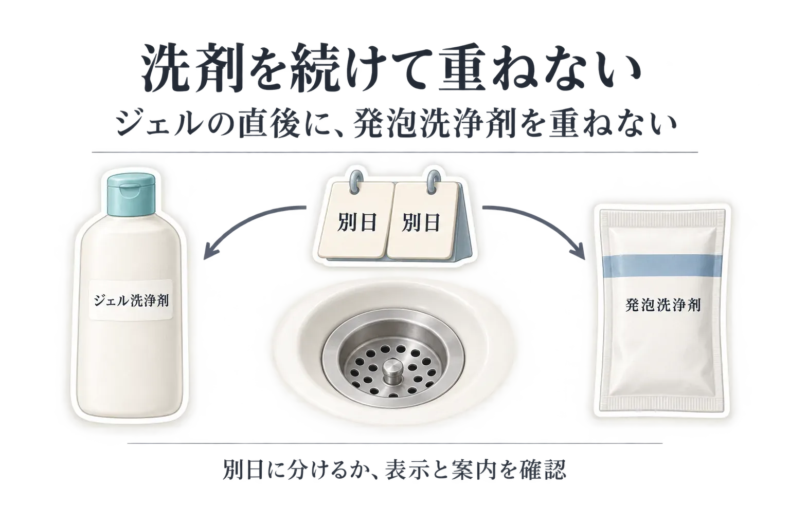 ジェル洗剤と発泡洗浄剤を同じ日に連続して重ねて使わず、洗剤は単独で使用し、別の洗剤へ替える場合は別日に分けるかメーカー・設備側の案内を確認することを示す安全上の注意図。国民生活センターの案内を参照
