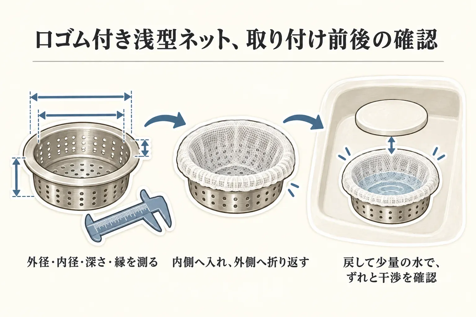既存の浅型目皿にゴム付きネットを取り付ける際に、目皿の外径・内径・深さ・縁の形を測り、ネットを内側に入れて口ゴムを外側へ折り返し、排水穴へのたるみ、カバーや排水トラップとの干渉、水を流したときの浮き・ずれ・排水の遅れを確認する手順図