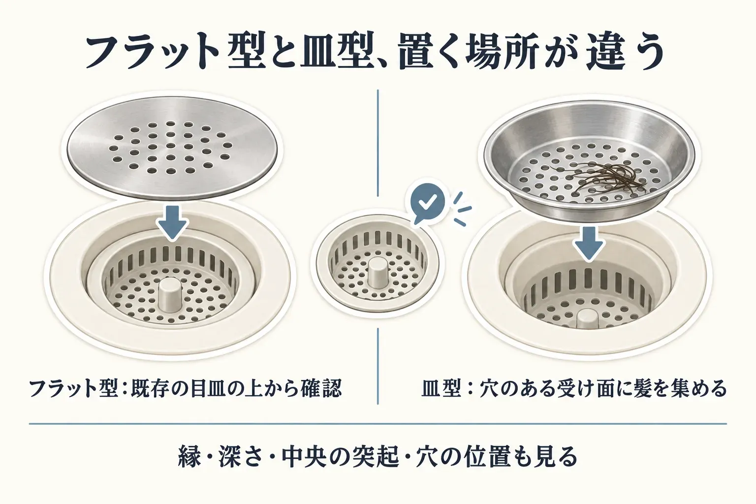 フラット型の排水口カバーを既存の目皿の上から重ねる場合と、皿型ゴミ受けの穴がある受け面に髪を集める場合を並べ、縁・深さ・中央の突起・排水穴の位置も確認することを示す図
