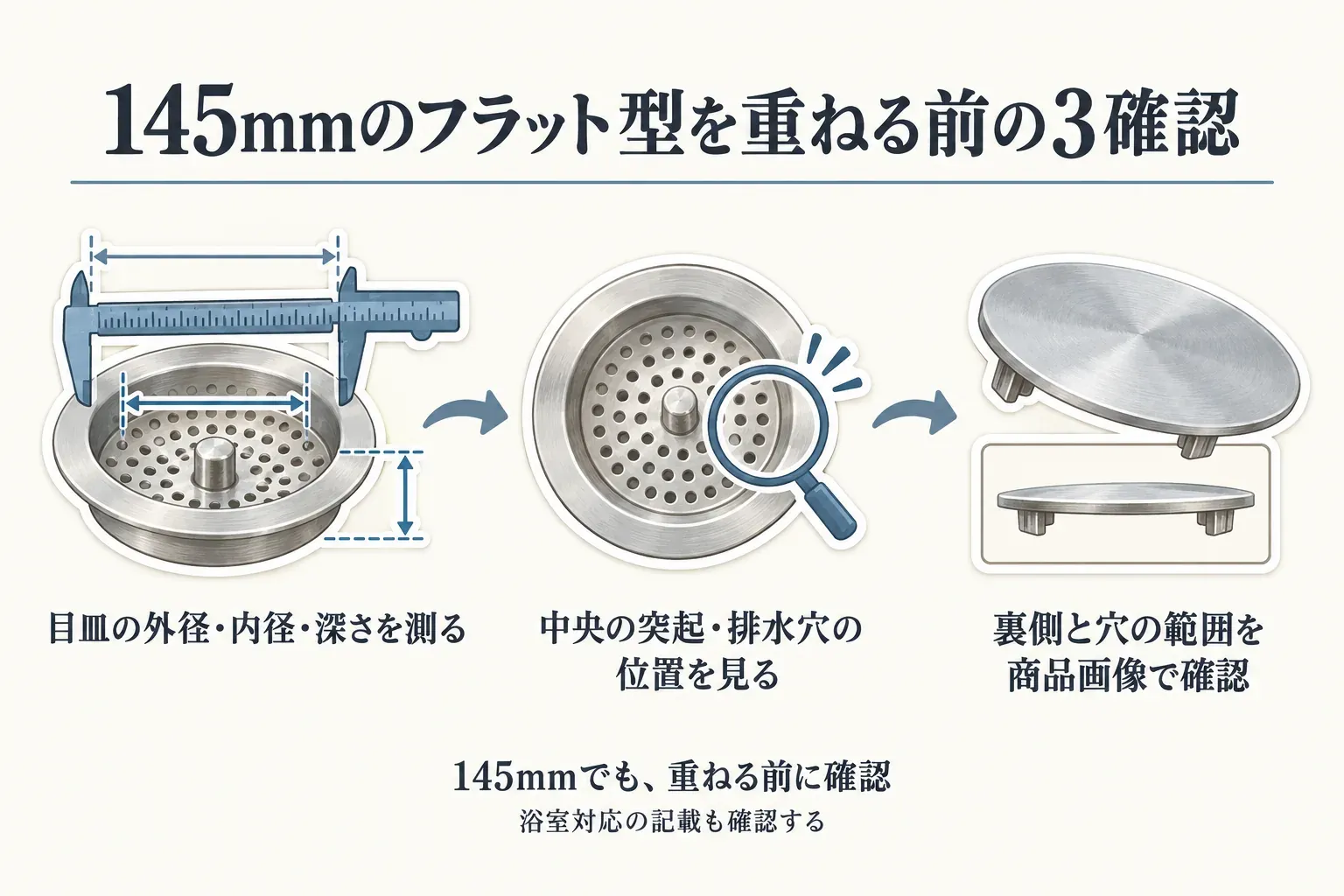 直径145mmのフラット型を既存の目皿に重ねる前に、目皿の外径・内径・深さを測り、中央の突起と排水穴の位置を見て、商品の裏側と穴の範囲を商品画像で確認する3つの手順図。浴室対応の記載も確認する