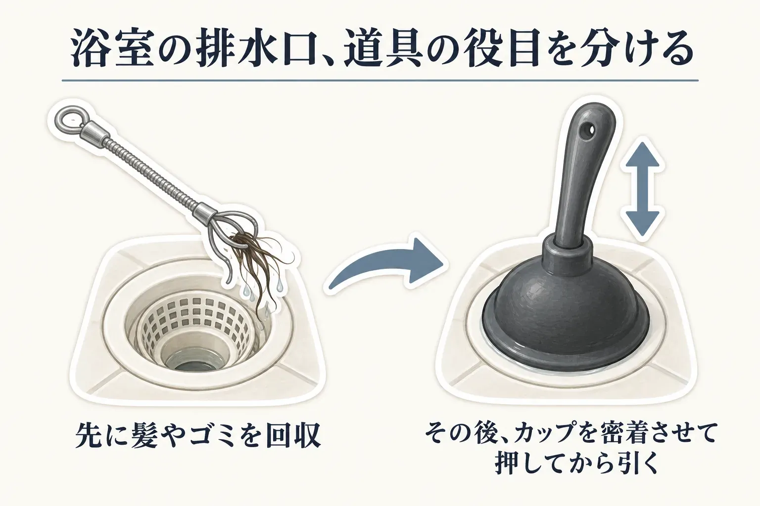 浴室の排水口で、先にフレキシブルブラシで髪やゴミを回収し、その後にラバーカップを排水口へ密着させて押してから引く、道具の役目と作業順を示す図