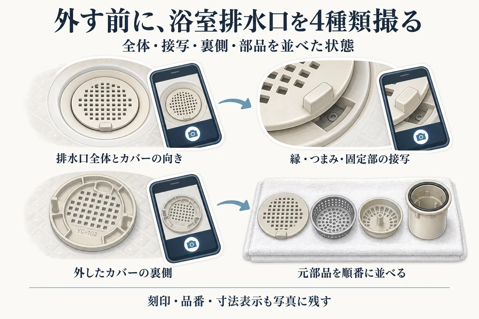 浴室排水口カバーを外す前に、排水口全体とカバーの向き、縁・つまみ・固定部の接写、外したカバーの裏側、目皿・ヘアキャッチャー・排水筒を順番に並べた状態を撮影し、刻印・品番・寸法表示も残す方法を示す図