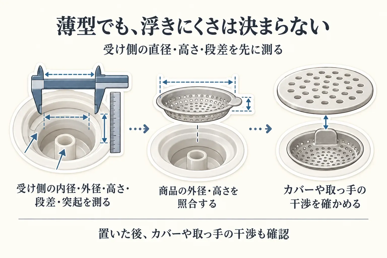 薄型でも浮きにくさは決まらないため、排水口の受け側の内径・外径・高さ・段差・中央の突起を測り、商品の外径・高さを照合し、設置後にカバーや取っ手が干渉しないか確認する手順を示す図