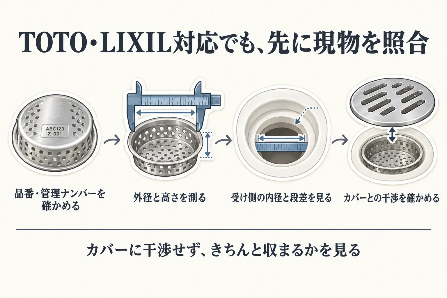 TOTO・LIXIL対応と表示された浴室排水口ゴミ受けでも、既存部品の品番・管理ナンバー、ゴミ受けの外径と高さ、受け側の内径と段差、カバーとの干渉を順に確認する適合チェックの図