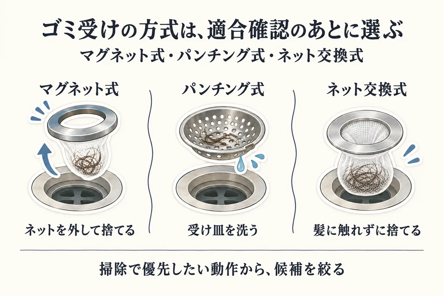 適合確認後の浴室排水口ゴミ受けの捨て方を、ネットを外して捨てるマグネット式、受け皿を洗うパンチング式、髪に触れずにネットごと捨てるネット交換式の3方式で示し、掃除で優先したい動作から候補を絞る図